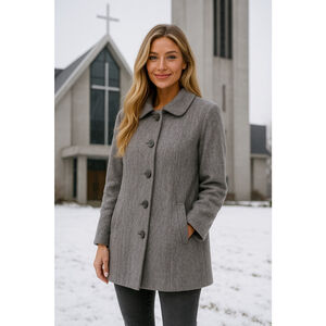 Herman Kay Wool Coat Peacoat Petite Gray Button Front 12 Winter Autumn Parisian